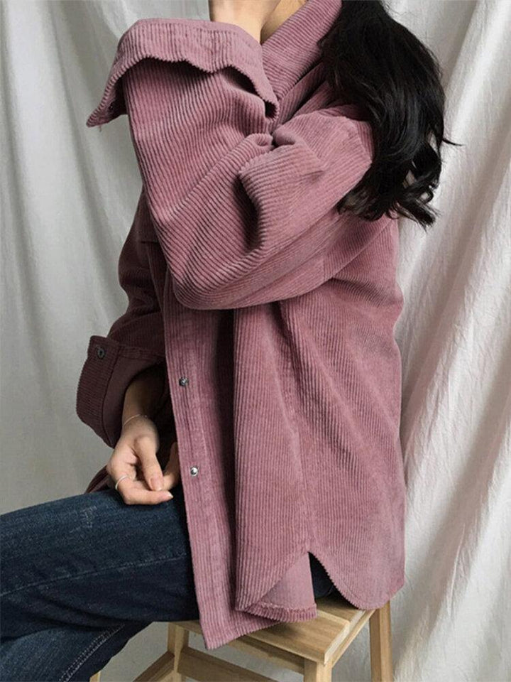 Women Corduroy Solid Long Sleeve Casual Lapel Coat With Front Pockets - Trendha