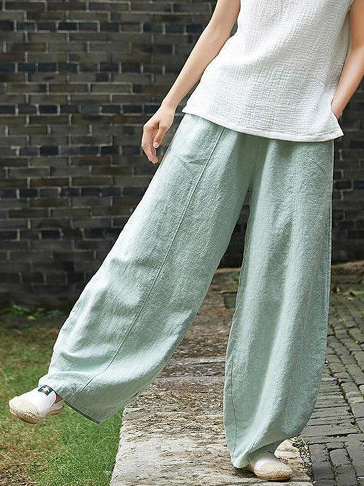 Cotton Linen Solid Color Elastic Waist Casual Pants | Loose Fit with Pocket - Trendha