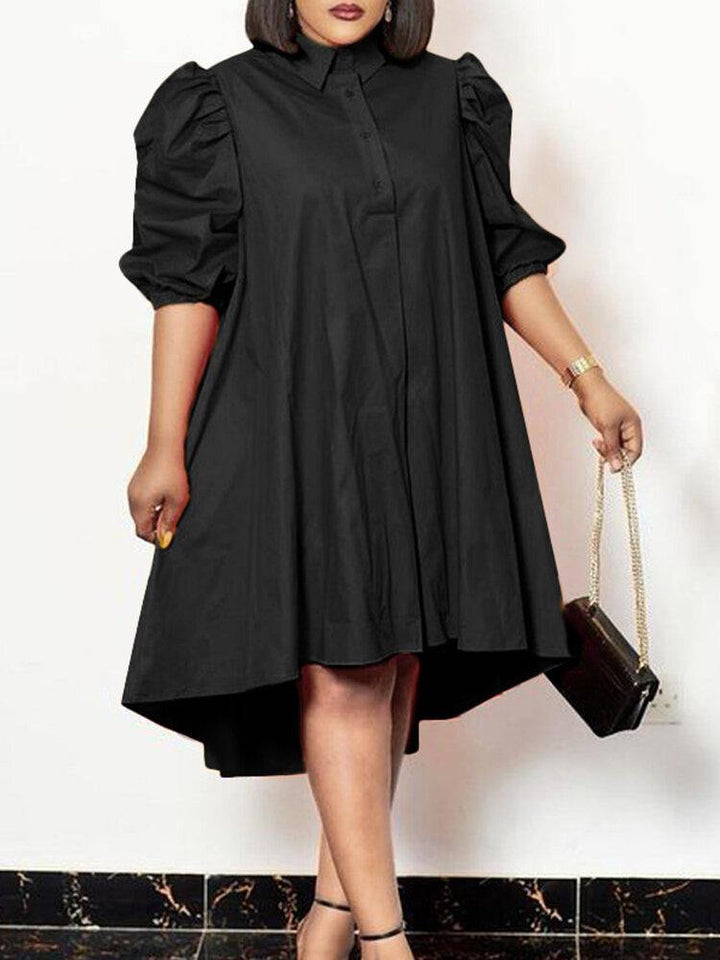 Lapel Solid Leisure Casual Puff Sleeve Dress For Women - Trendha