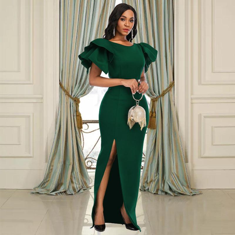 Women's Plus Size Slim-fit Green Evening Gown With Split Ends - Trendha