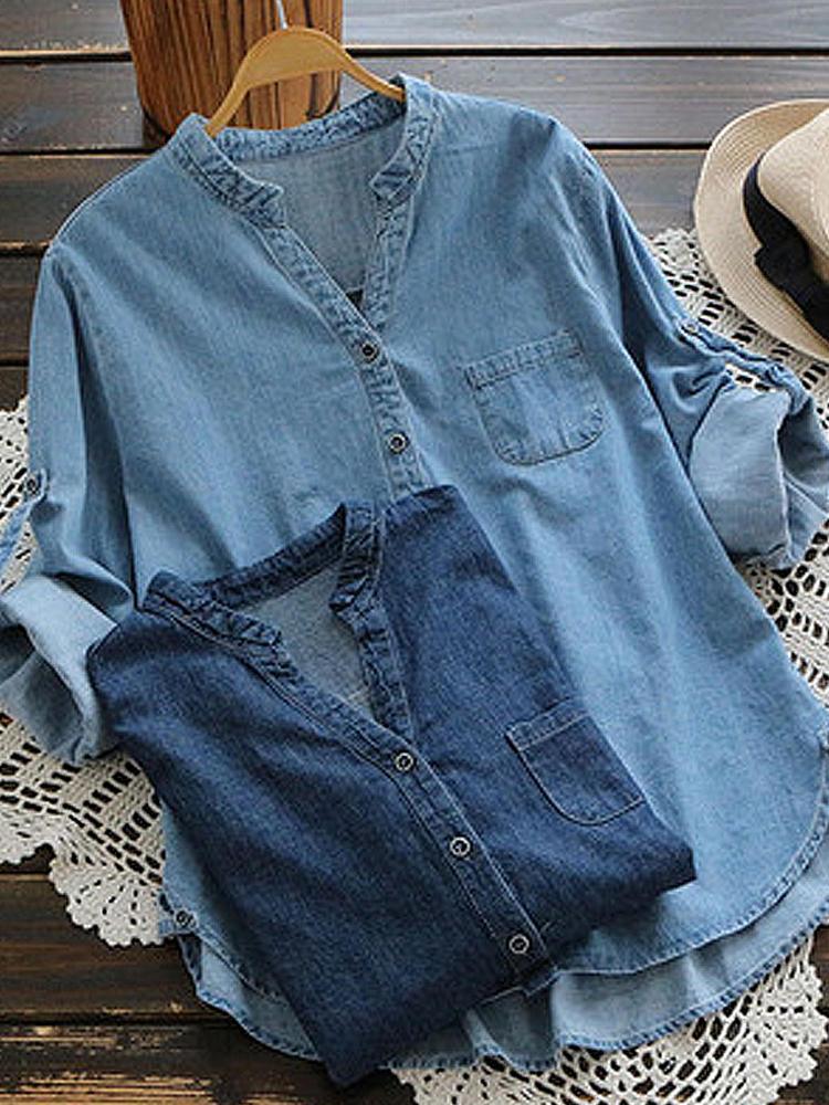 Women's Casual Adjustable Sleeve Denim Blouse - Button Detailing for Stylish Comfort - Trendha