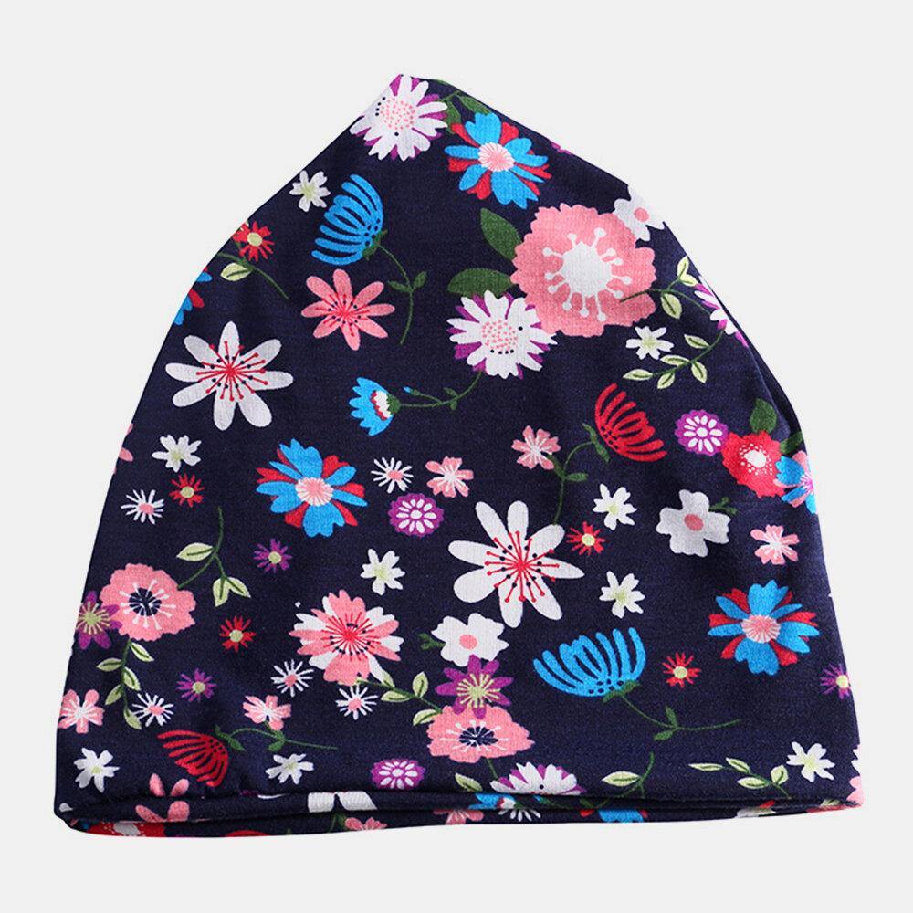 Women Cotton Colored Floral Printing Pattern Casual Outdoor Dual-Use Neck Protection Brimless Beanie - Trendha