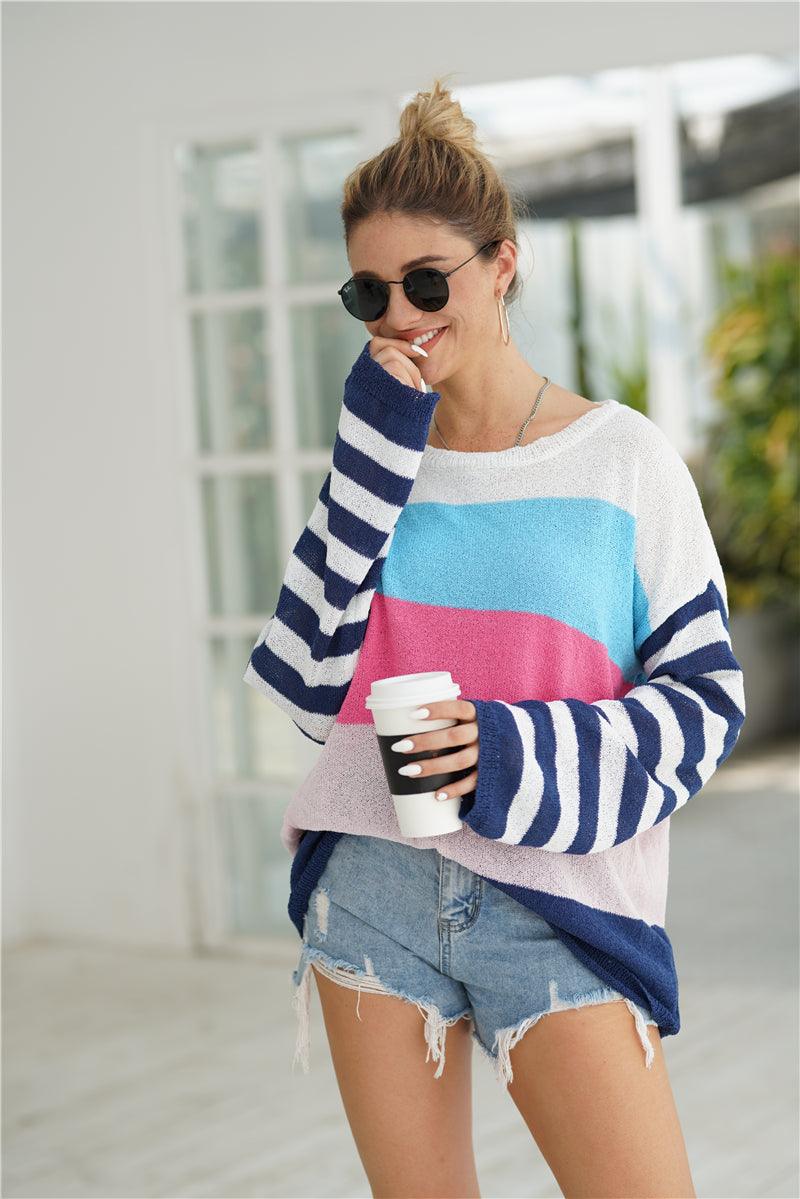 Striped Ribbed Trim Bell Sleeve Sweater - Trendha