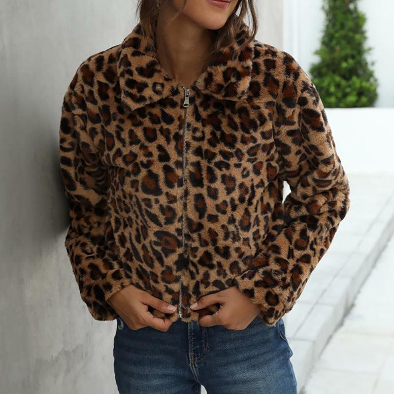 Vintage Leopard Print Lapel Zipper Slim Fit Faux Fur Cotton Jacket - Trendha
