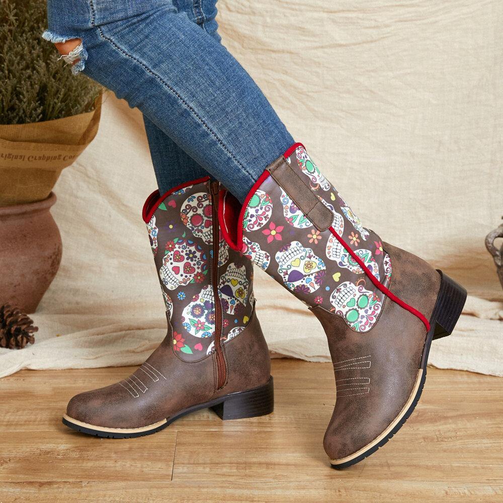 Women Retro Flower Printing Pointed Toe Zipper Mid-calf Cowboy Boots - Trendha