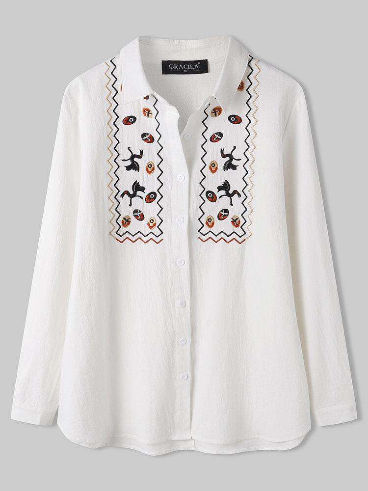 Women White Lapel Ethnic Embroidery Daily Casual Long Sleeve Shirts - Trendha