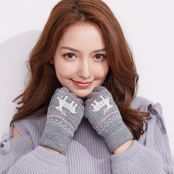 Women Girls Winter Crochet Knitted Warm Gloves Touch Screen Cute Deer Printing Mittens - Trendha