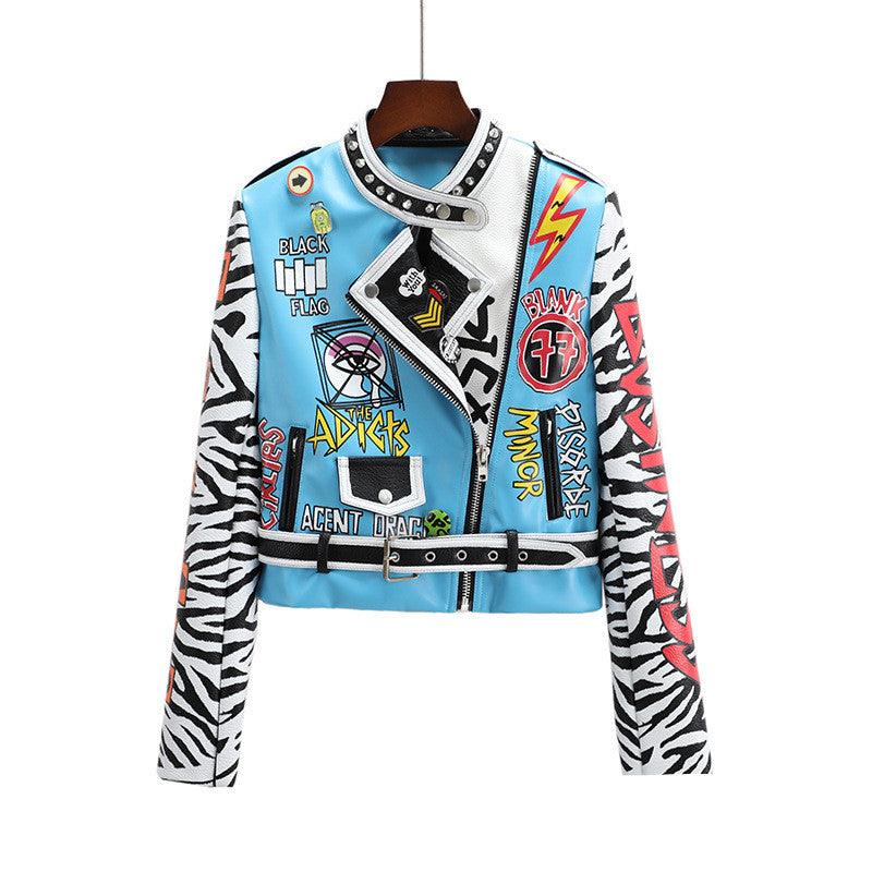 Women's Blue Imitation-Leather Biker-Style Jacket