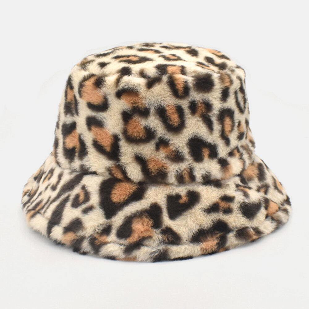 Women Lamb Hair Warm Soft Leopard Pattern Casual Personality Bucket Hat - Trendha