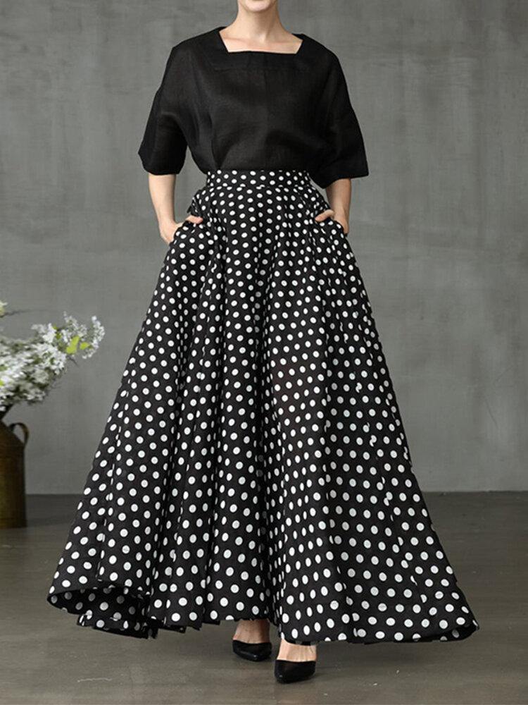 Women Polka Dot Print Loose Big Swing Side Pockets Casual Long Skirt - Trendha