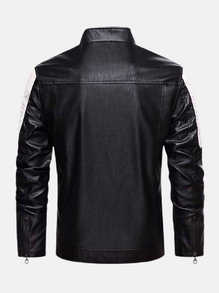 Mens Contrast Patchwork Washed Motorcycle PU Leather Jacket With Pocket - Trendha