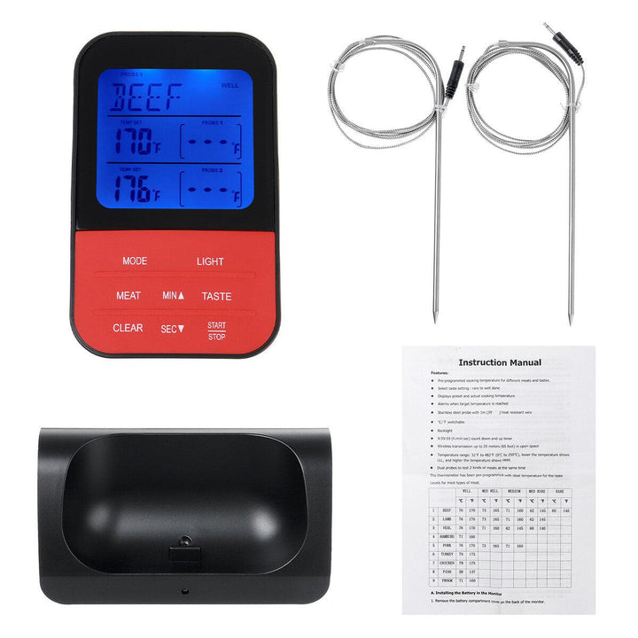 Remote Cooking Thermometer Wireless BBQ Digital LCD Display Meat Thermometer With 2 Stainless Steel Probes Kiechen Waterproof Timer - Trendha