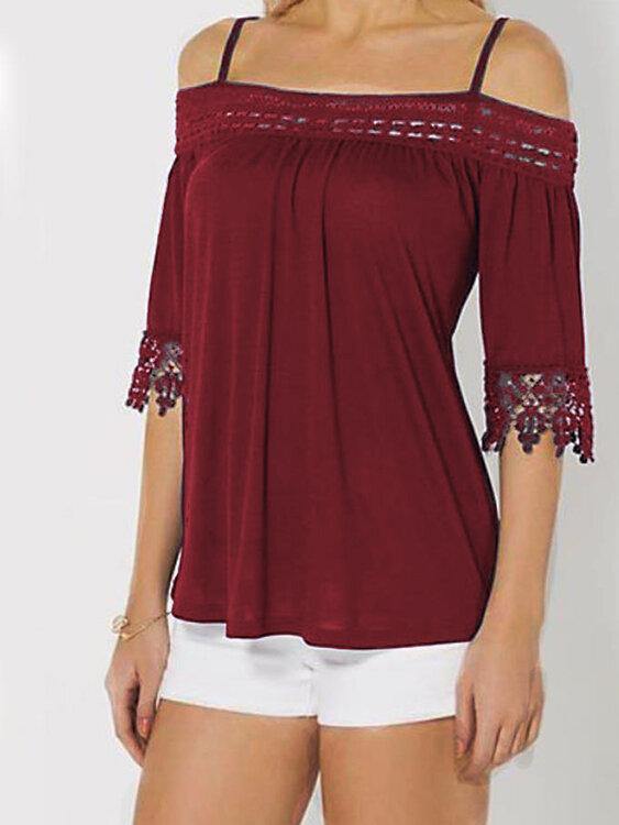 Lace Patchwork Cold Shoulder Half Sleeves Solid Tee - Trendha