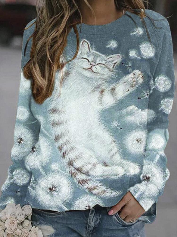 Women Cartoon Cat Printed Pullover Cute Sweatshirts - Trendha
