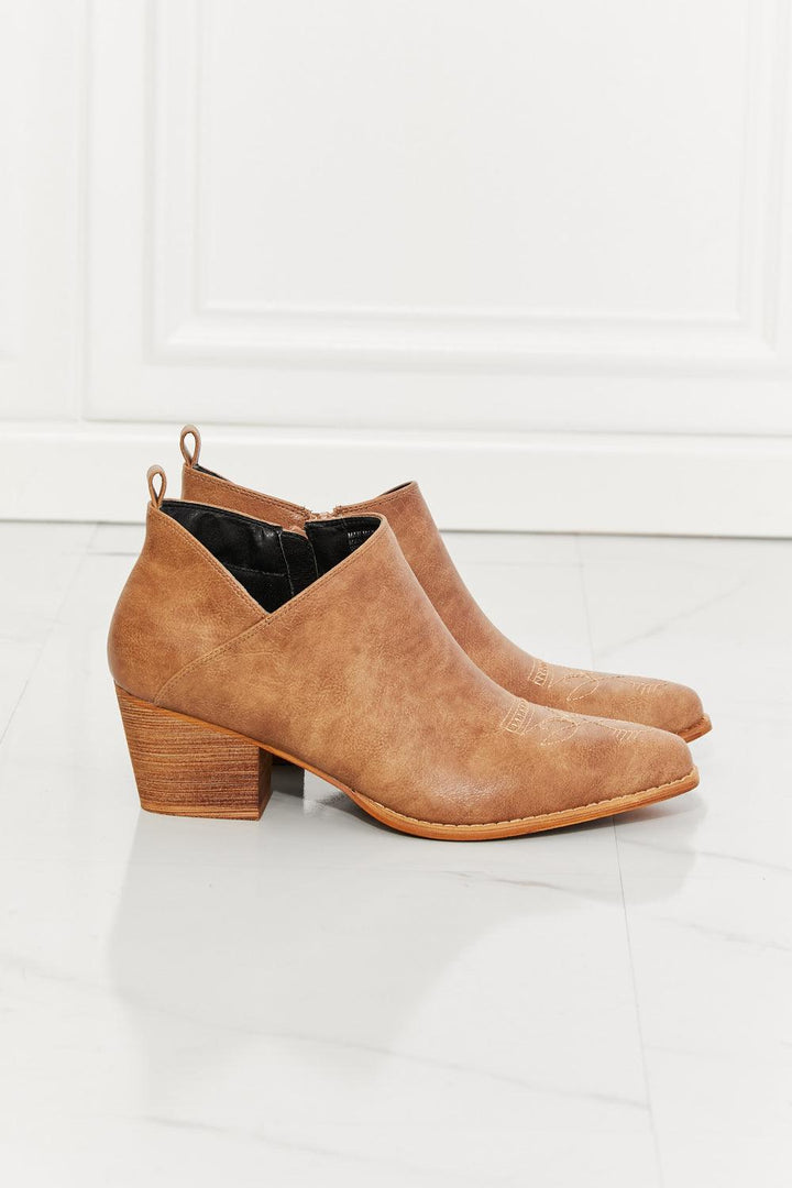 MMShoes Trust Yourself Embroidered Crossover Cowboy Bootie in Caramel - Trendha