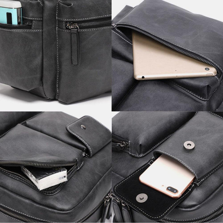 Men PU Leather Multi-pocket Breathable Backpack Retro Large Capacity 14 Inch Laptop Bag - Trendha