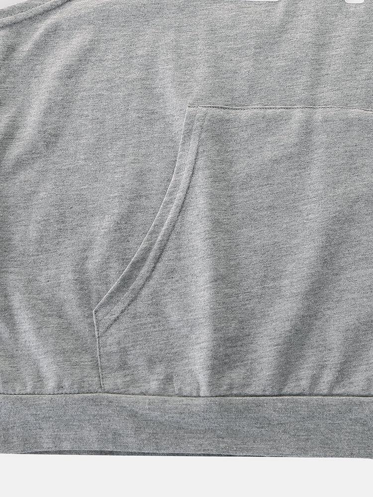 Men Fashion Letter Print Hooded Sleeveless Pocket Solid Color Sport Tops - Trendha