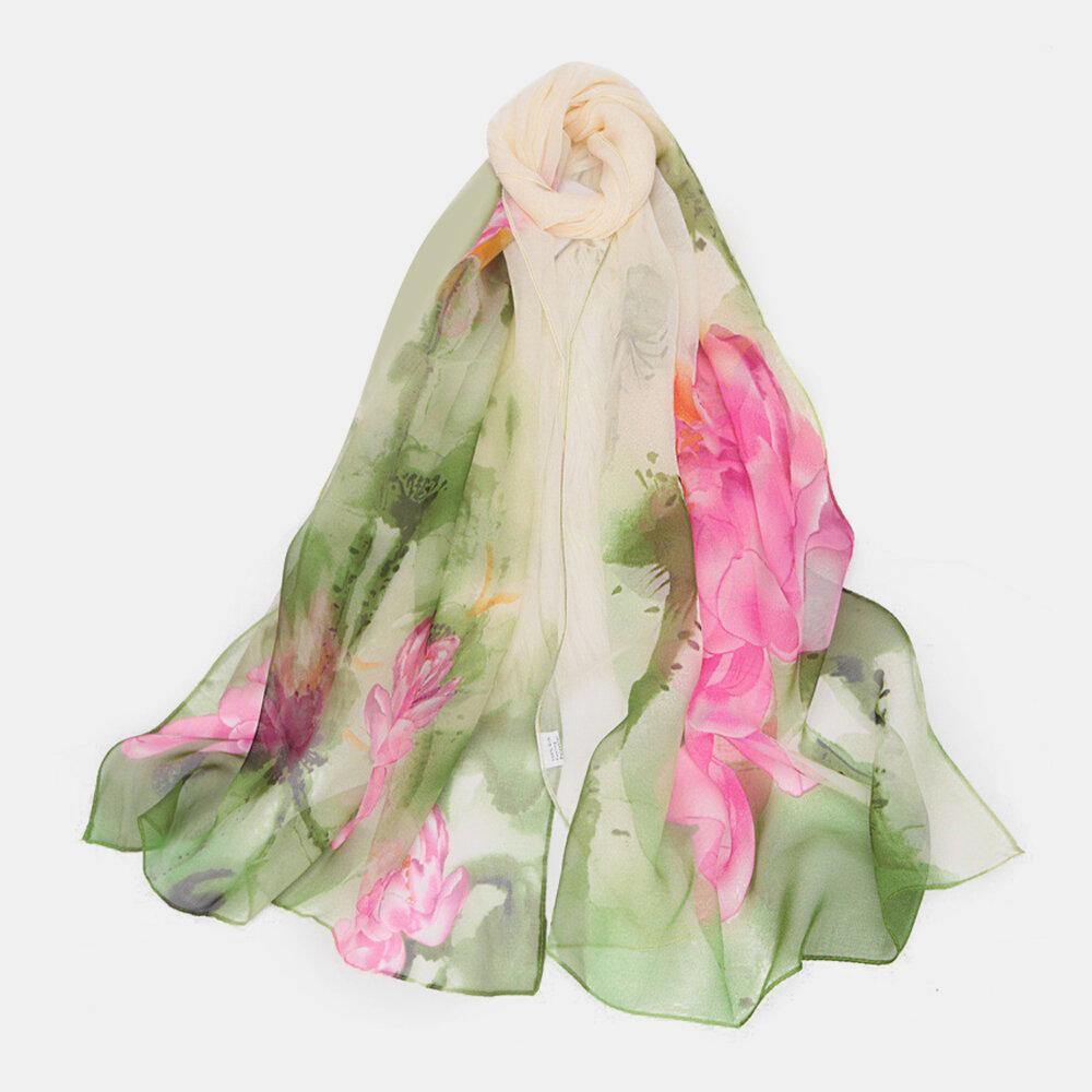 Women Georgette Colored Flower Printing Elegant Long Thin Silk Scarf Shawl - Trendha