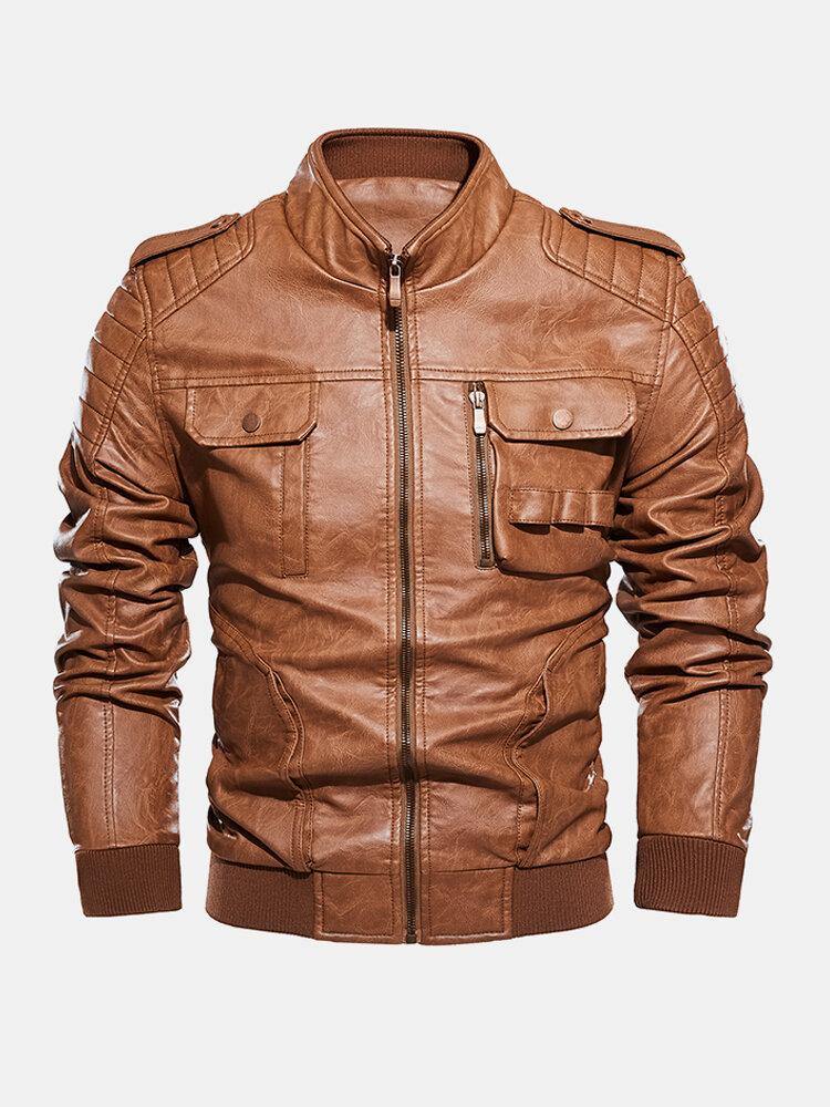 Mens Zipper Multi-Pocket Stand Collar PU Leather Motorcycle Jackets - Trendha