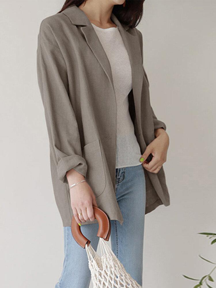 Women Plain Turn-Down Collar Casual Stylish Long Sleeve Blazer With Pockets - Trendha