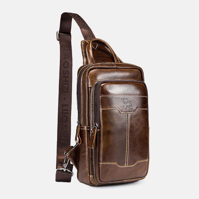 Men Genuine Leather Waxed Leather Cowhide Retro Fashion Business Chest Bag Shoulder Bag - Trendha