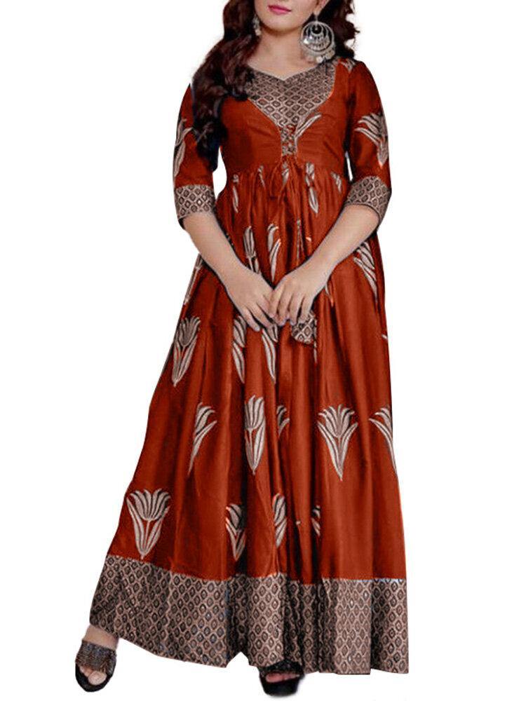 Women Half Sleeve Robe Kaftan Floral Pleats Leisure Casual Maxi Dress - Trendha