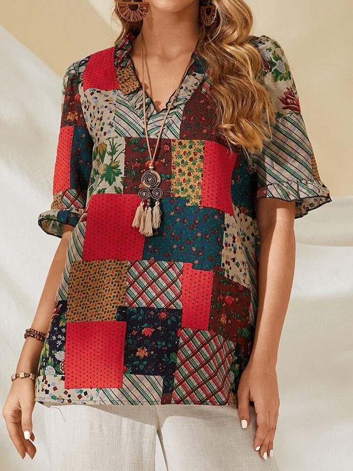 100% Cotton Patchwork Printed Casual Blouse For Women - Trendha