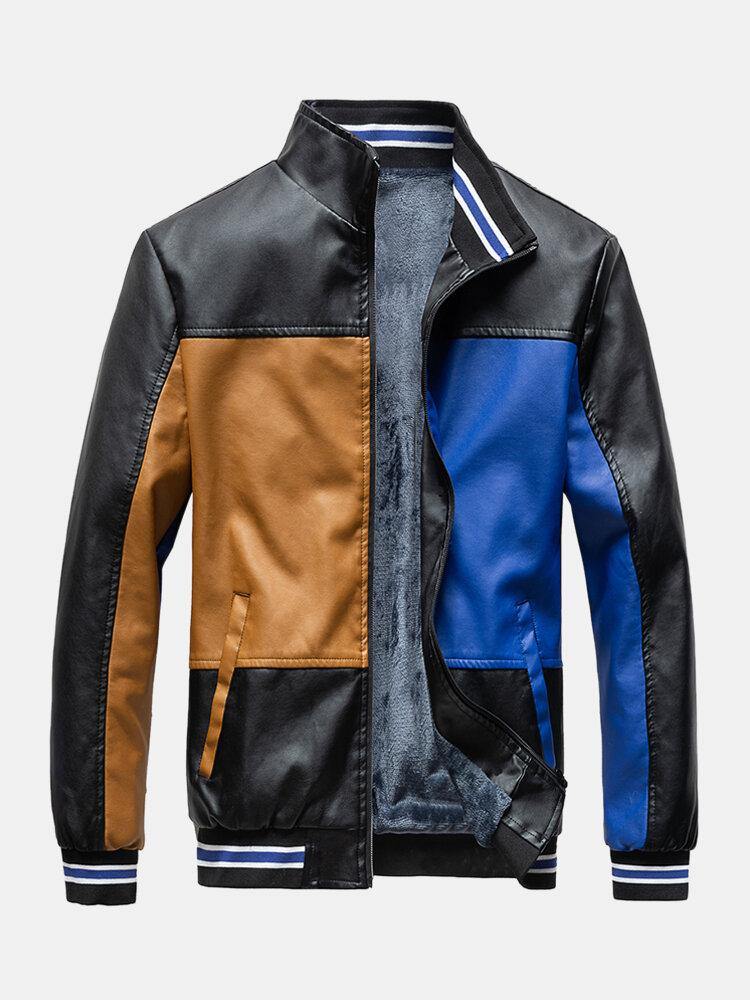 Mens Colorblock Patchwork PU Leather Zip Front Lapel Collar Thicken Jackets - Trendha