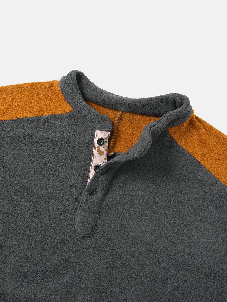 Mens Patchwork Solid Color Kangaroo Pocket Long Sleeve Casual Henley Shirts - Trendha