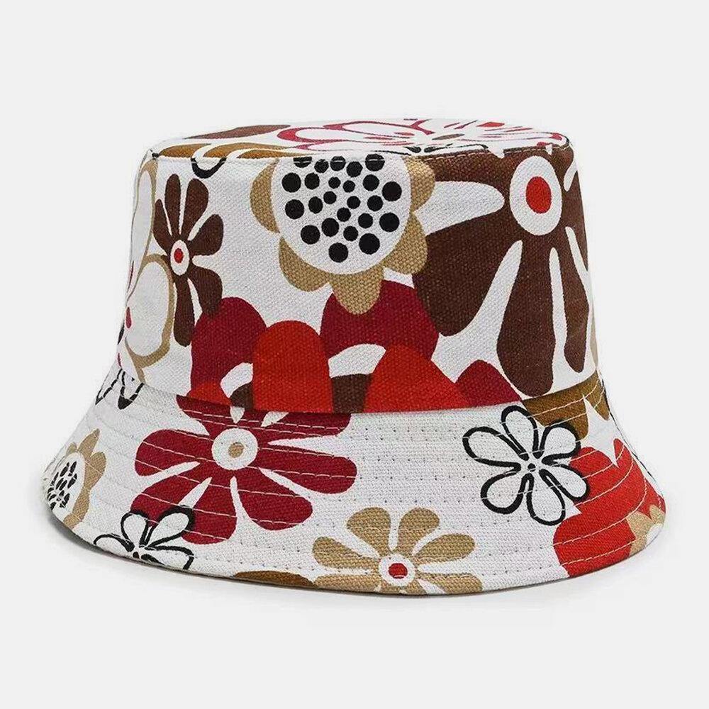 Unisex Canvas Colored Floral Pattern Casual Sunshade Bucket Hat - Trendha