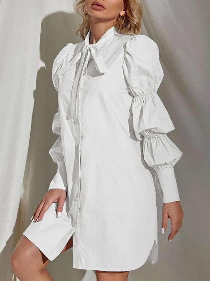 Solid Color Stand Color Puff Sleeve Button Urban Style Pleated Shirt Dress - Trendha