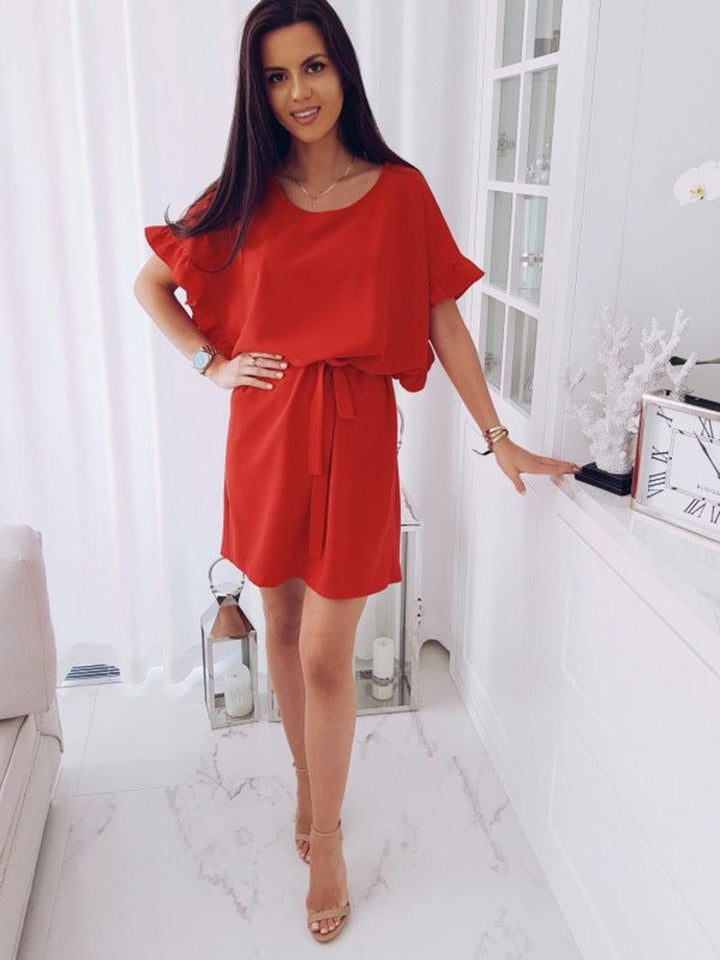 Solid color dress with ruffles and belt - Trendha