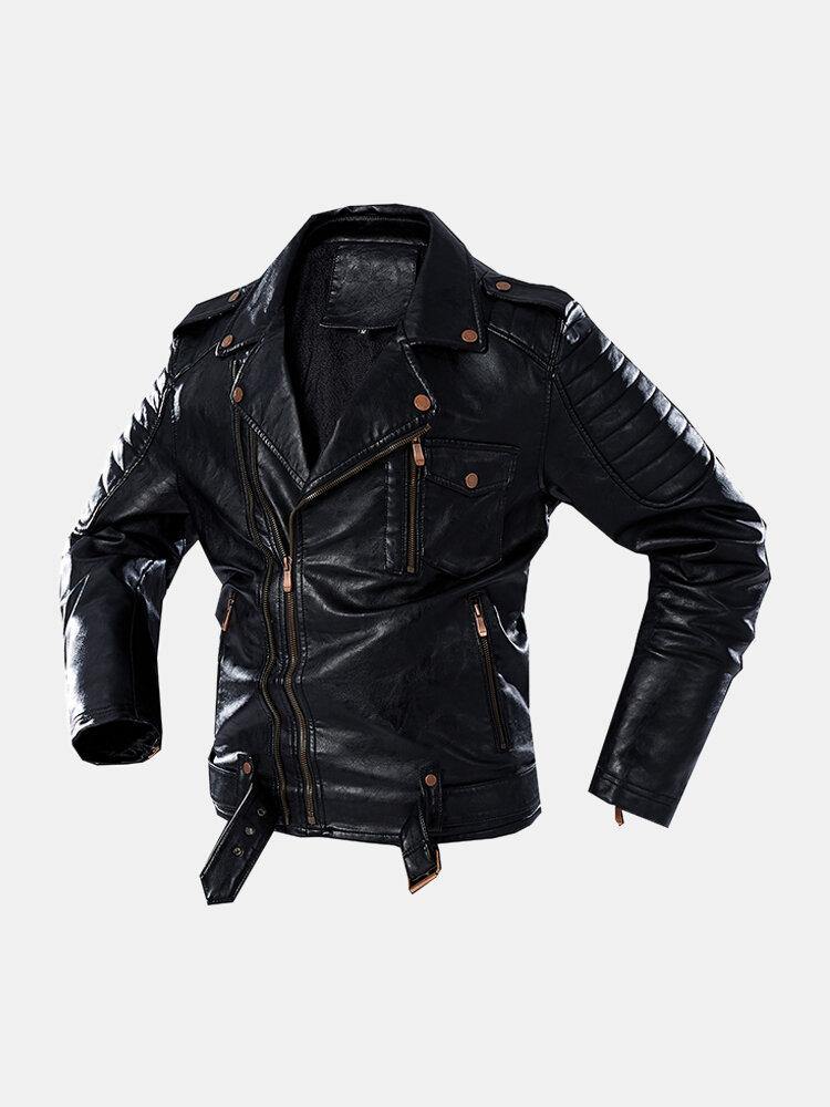 Mens Pocket Lapel Zip-Up Sashes PU Leather Jackets - Trendha