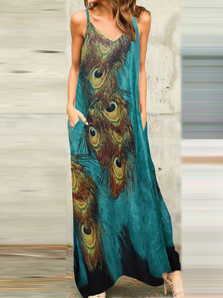 Women Casual V-Neck Print Sleeveless Strap Dress - Trendha