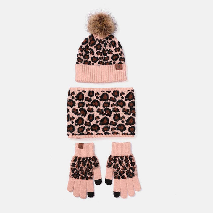 Women 3PCS Wool Leopard Pattern Screen-touchable Knitted Gloves Neck Protection Scarf Warm Knitted Hat - Trendha