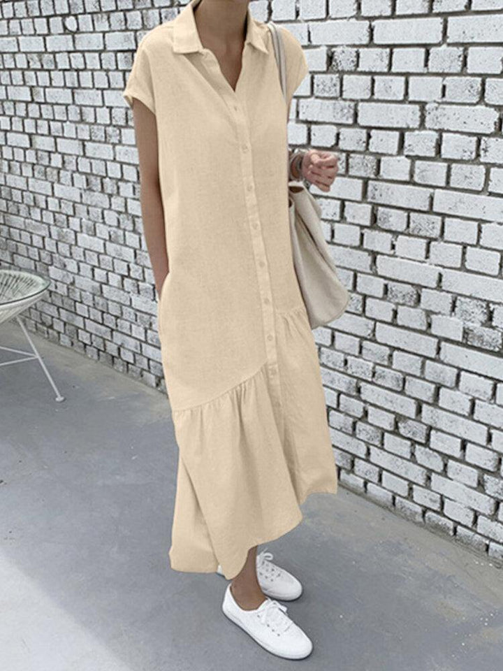 100% Cotton Solid Ruffles Hem Casual Bohemian Dress For Women - Trendha