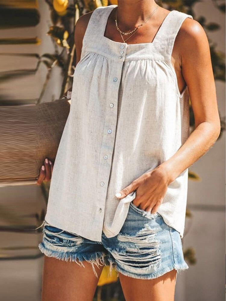 Solid Color Button Loose Pleated Tank Tops For Women - Trendha