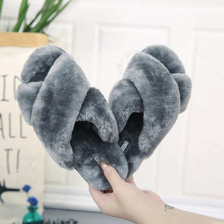 Cross open-toe fur slippers - Trendha