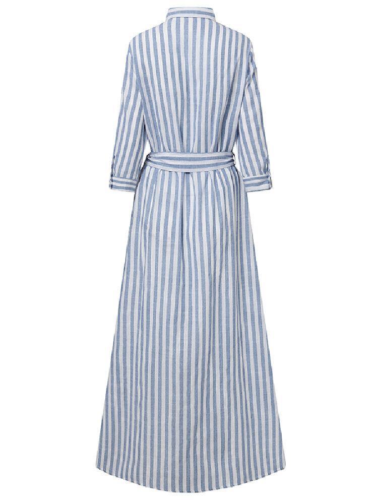 Women 100% Cotton Classical Striped Print Lapel Button Front Lace-Up Casual Shirt Dress - Trendha