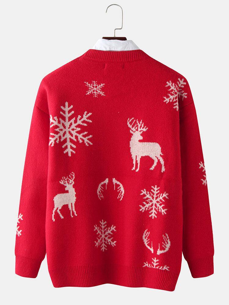 Mens Christmas Elk & Snowflake Graphics Knitting Long Sleeve Sweaters - Trendha