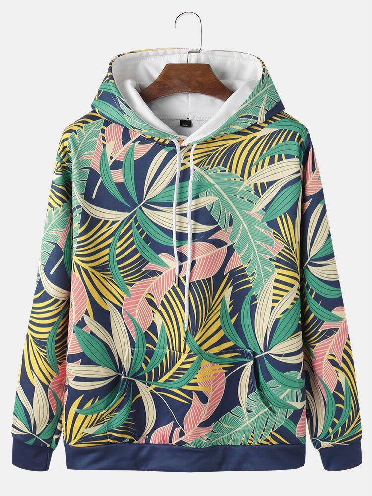 Mens All Over Plant Leaf Print Drawstring Hoodies With Pouch Pocket - Trendha