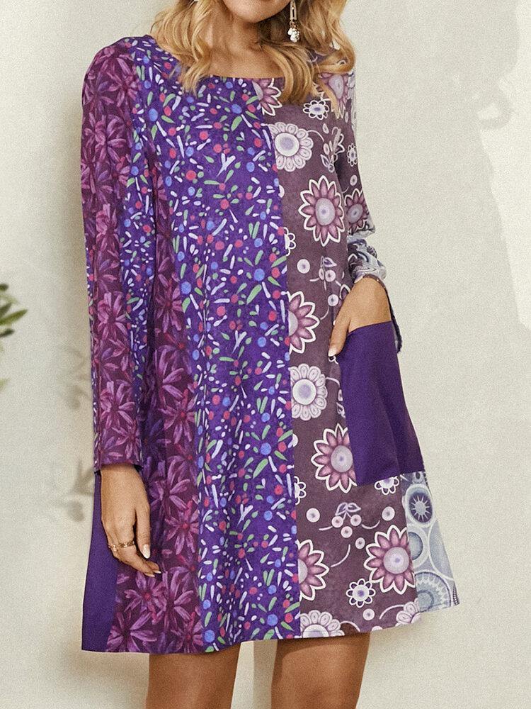 Women Ethnic Style Print Colorblock Long Sleeve Mini Dress With Pocket - Trendha