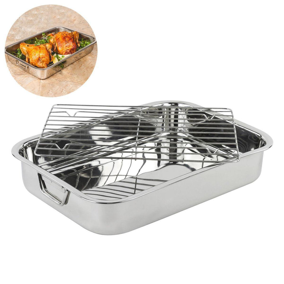 42*32*7cm Stainless Steel BBQ Grill Pan Chicken Roaster Cooking Tray Pan with Rack - Trendha