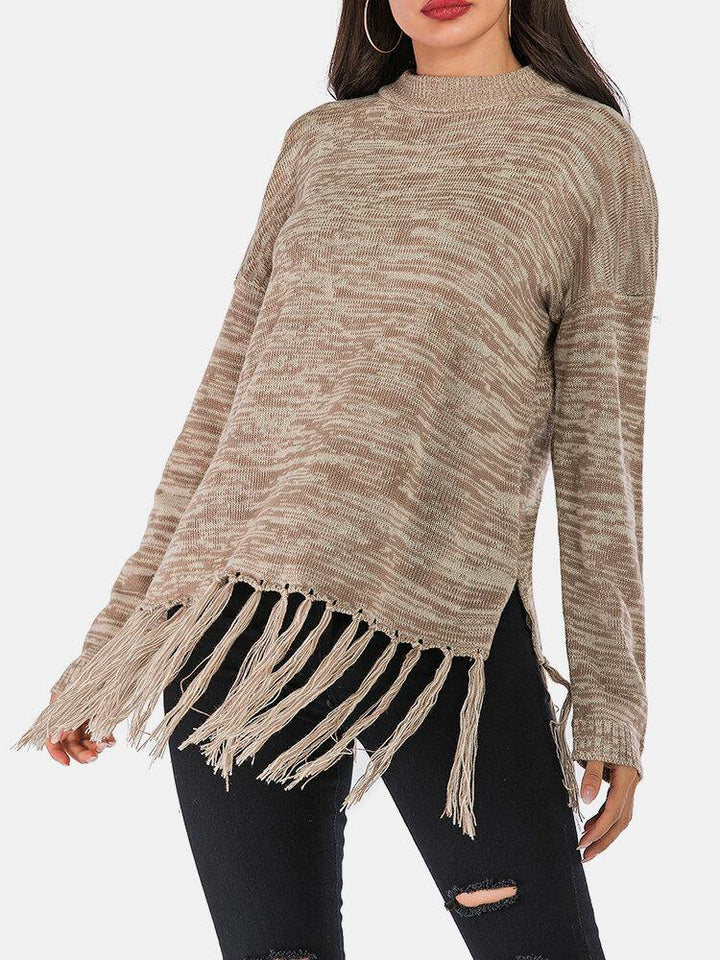 Women Plain Solid Color Knitted Tassel Hem Pullover Sweater - Trendha