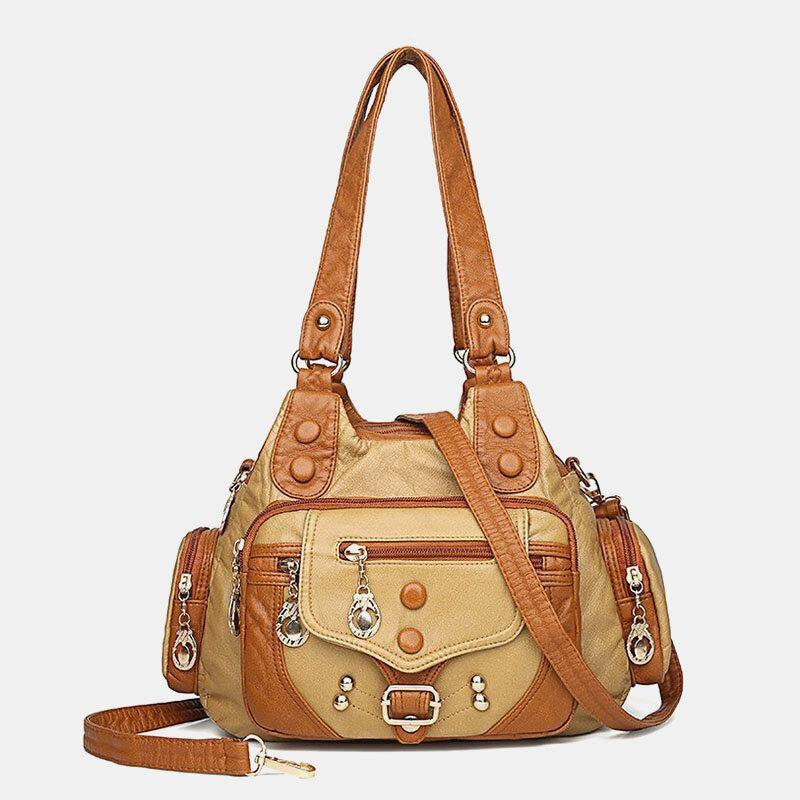 Women PU Leather Large Capacity Multi-pocket Rivet Decoration Retro Soft Tote Handbags Crossbody Bags - Trendha