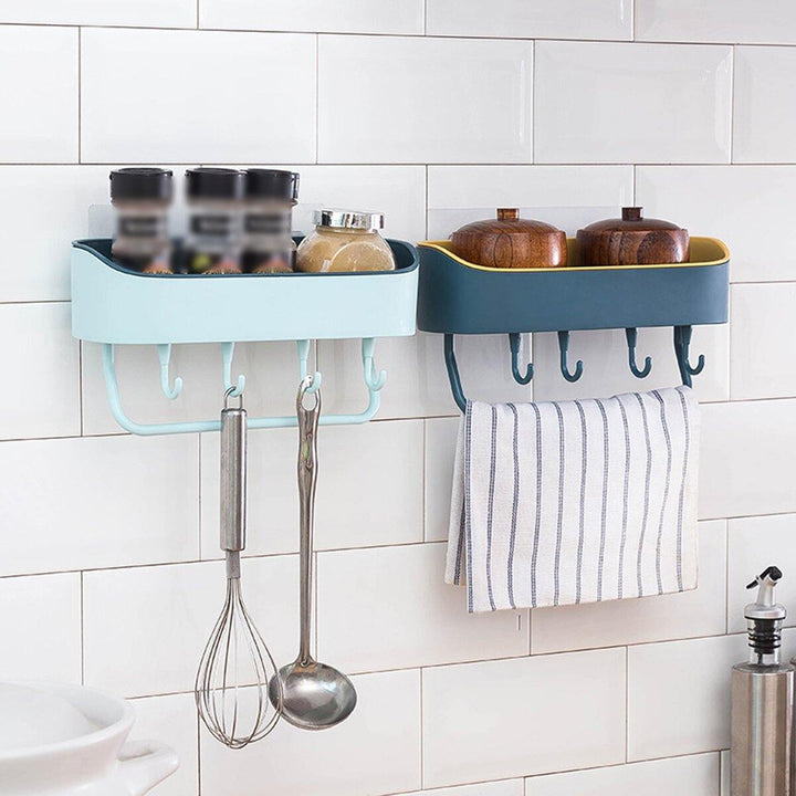 No Drilling Shower Caddy with Self-adhesive Glue & Hooks Storage Basket Bathroom Shelf Rack Wall Mounted Rack for Kitchen Bathroom - Trendha