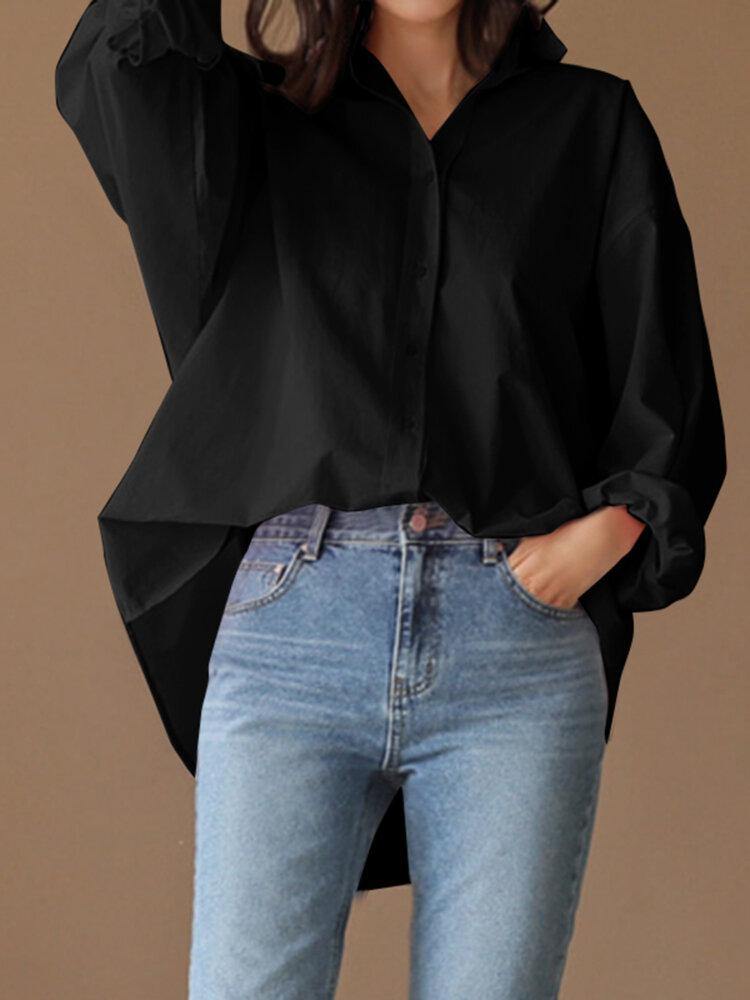Loose Solid Turn-Down-Collar Full Sleeve Retro Women Blouse - Trendha