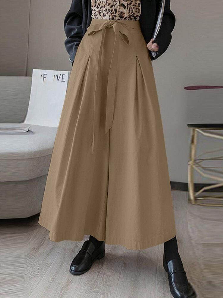 Women Solid Color Tie Front Casual Wide Leg Pants With Pocket - Trendha