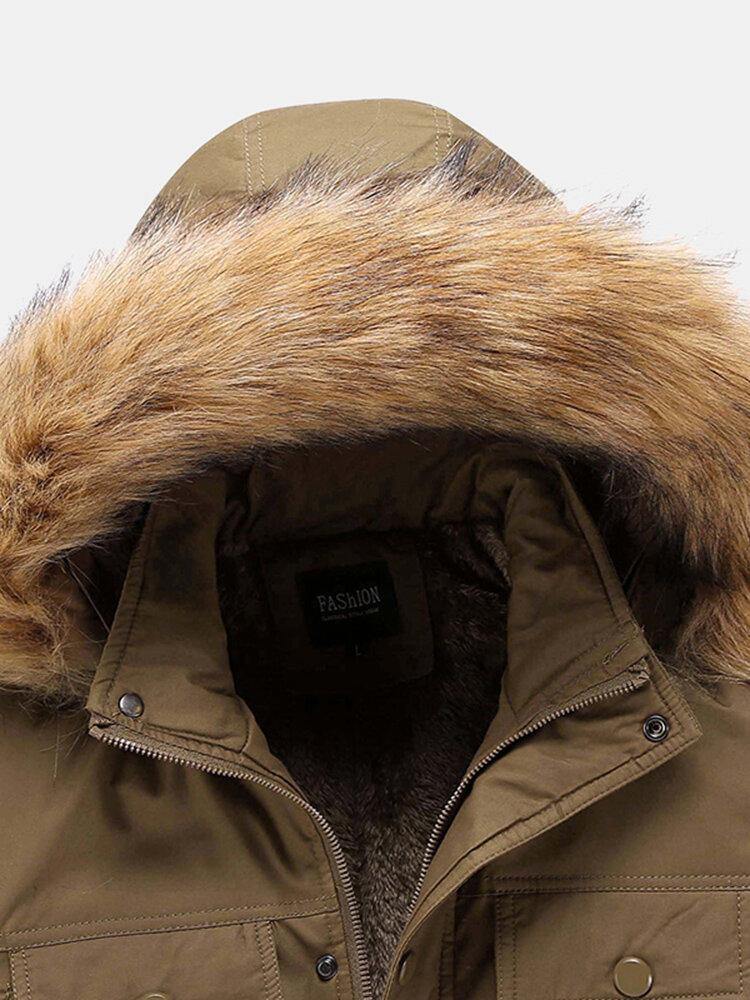 Mens Solid Color Detachable Faux Fur Collar Hooded Warm Fleece Lined Coats - Trendha