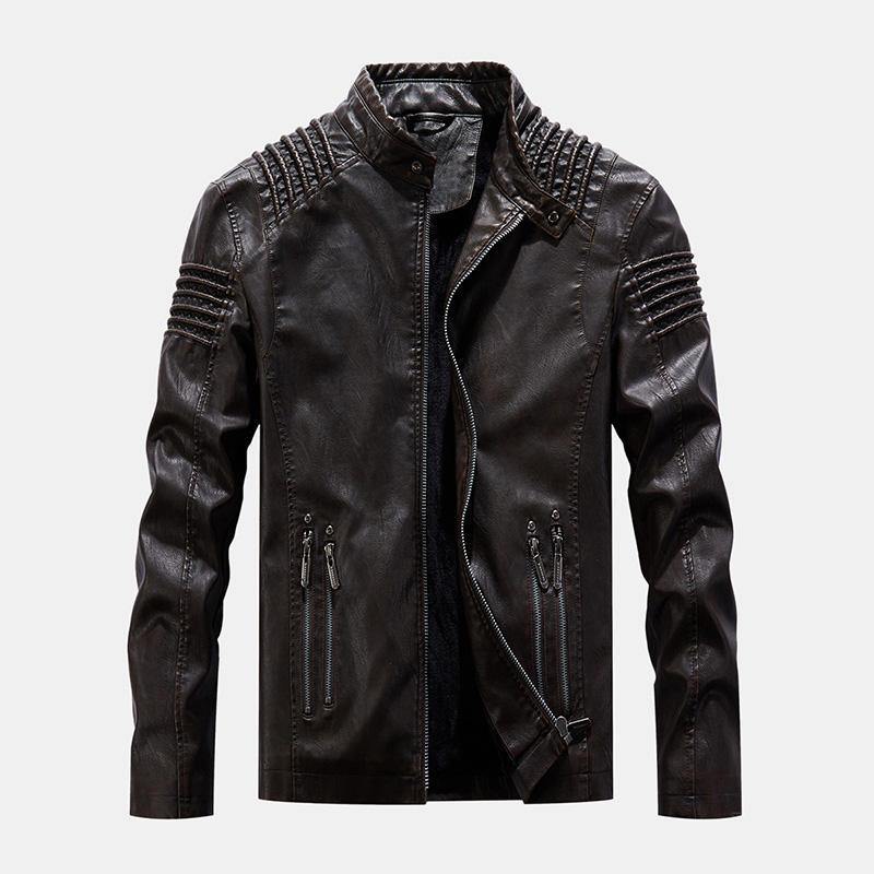 Mens Vintage PU Windproof Zippers Stand Collar Thick Jacket - Trendha